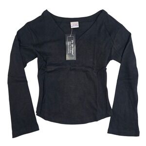 Far Out Fashion Womens Black Ribbed V-Neck Long Sleeve Top 100% Cotton Large NWT